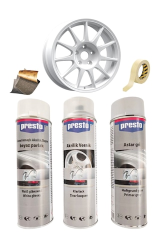 Presto Parlak Beyaz Sprey Jant Boyama Seti+vernik+astar 500 Ml.
