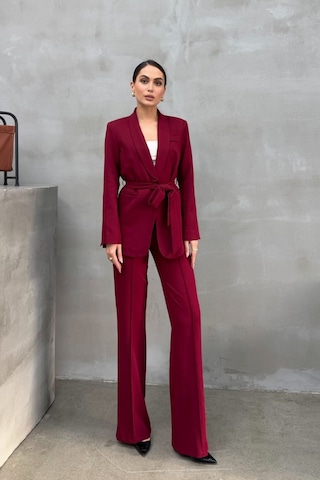 Msm Fashion Kadın İkili Kuşaklı Blazer Ceket Pantolon Takım Bordo