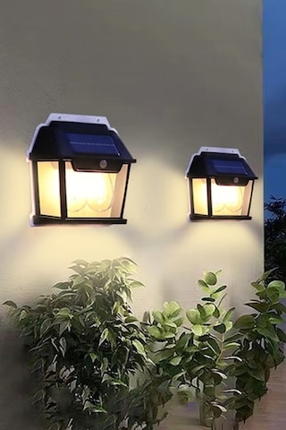 Sensörlü Rustik 2 Ampullu Güneş Enerjili Bahçe Balkon Teras Aydınlatması Lambası Solar Aplik Armatür