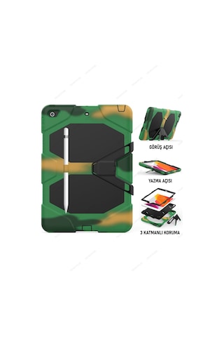 Apple Uyumlu iPad 5. 6. Nesil 2017 2018 9.7" Inc Kılıfı Defender Tank Zırh Silikon Kılıf Ekran Koruyuculu Kamuflaj