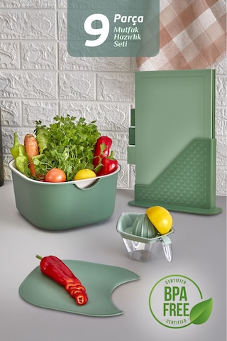 9'lu Mutfak Hazırlık Seti - Dik Standlı Kulplu Kesme Tahtası Karıştırma Kabı Süzgeç Limon Sıkacağı Yeşil