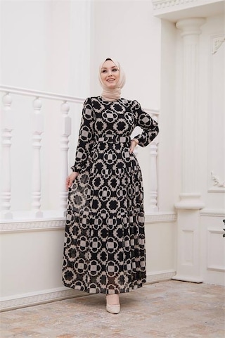 Neşeli Butik Kadın Kemerli Yeni Sezon Tesettür Elbise Sms016 Siyah