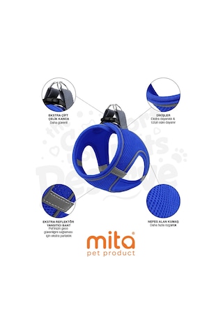 Mita Air Mesh Kedi Köpek Göğüs Tasması Çift Reflektörlü, Terletmeyen Mavi