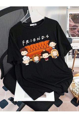 Flood Of Style Unisex Siyah Friends Baskılı Oversize