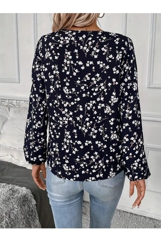 Moderie Butik Kadın Uzun Kollu V Yakalı Çiçek Desenli Modal Bluz Siyah
