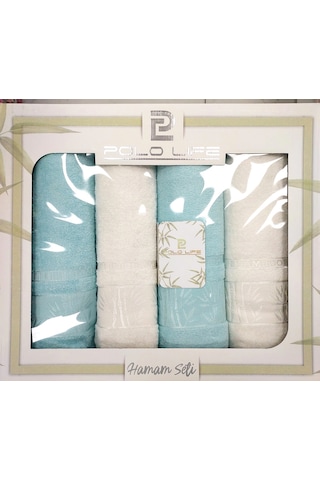 Polo Life 4 Parça Bamboo Hamam Seti Büyük Boy , Banyo Havlu Takımı-krem Turkuaz Krem - Turkuaz