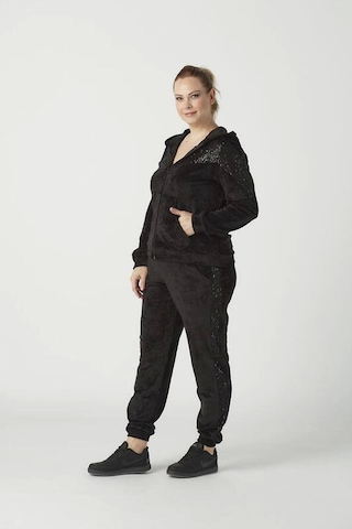 1927 Siyah Tam Kalıp Tarz Kapüşonlu Kadife Büyük Beden Eşofman Takımı Siyah