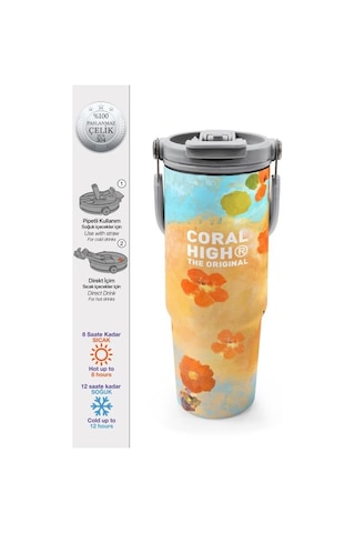 Coral High Çicek Desenli Pipetli Ve Direkt İçim Çelik Termos 900 Ml 38739 Çok Renkli