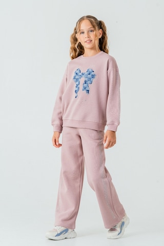 Kız Çocuk Fiyonk Nakışlı Taşlı 3 İplik Kalın Kışlık Eşofman Takımı Ak4222 Pudra