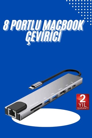 Type-c Hub Dönüştürücü 8 Portlu, Macbook Uyumlu 4k Hdmı Usb 3.0 Rj45