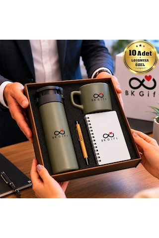 Logonuza Özel 10 Adet Ahşap Kutulu Koyu Yeşil Kurumsal Hediye Seti Cam Suluk, Seramik Fincan, Defter Ve Kalemli Promosyon Seti 85084710