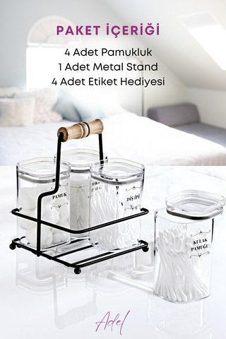 Grimorlife Metal Standlı 4 Lü Akrilik Kulak Pamuğu- Pamuk & Makyaj Pamuğu& Diş Ipi Organizeri- Etiket Hediyeli Siyah