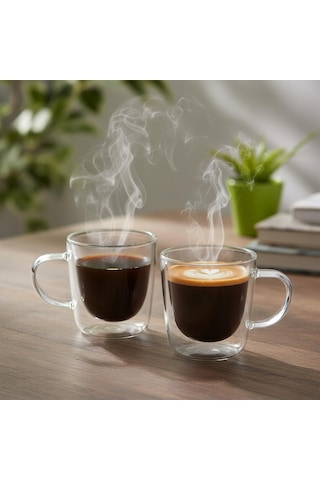 2'li Çift Cidarlı Kulplu Cam Fincan Seti - 100 Ml Isıya Dayanıklı Espresso Ve Türk Kahvesi Bardağı - El Yakmayan Çok Renkli