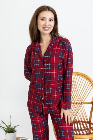 Yeni Sezon Düğmeli Ekose Desen Kırmızı Süet Kadın Pijama Takımı 5503-kırmızı Kırmızı
