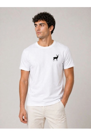 Vexor Erkek Minimal Geyik Logolu Tişört Bisiklet Yaka Kısa Kol Yazlık T-shirt - Beyaz Çok Renkli