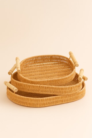 Natura - 3'lü Oval Rattan Hasır Servis Ve Sunum Tepsisi Seti Ahşap Saplı Dekoratif Tepsi Bej