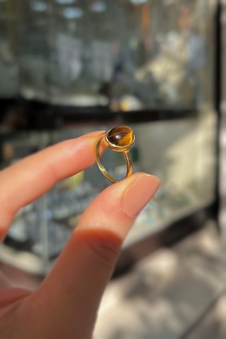 Gümüş 10x8 Mm Kaplan Gözü Taşlı Altın Kaplama Yüzük Diğer