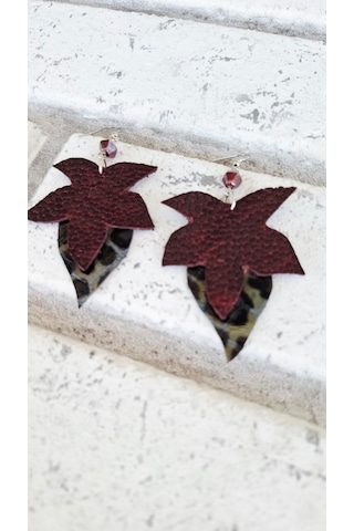 Bordo Ve Leopar El Yapımı Hakiki Deri Tasarım Küpe Leopar Desenli