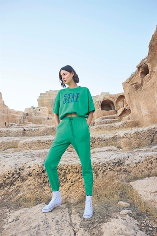 Monamise Kadın Kısa Kollu "stay Strong" Crop Eşofman Takımı 23086 Yeşil