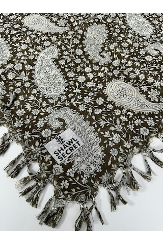 Shawl Secret Sökme Boncuklu Pamuk Yazma - 05868 Haki Yeşil