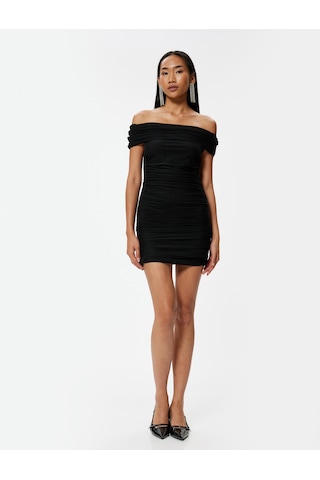Koton Mini Abiye Elbise Drapeli Madonna Yaka Slim Fit Siyah 5wak80030fk Siyah