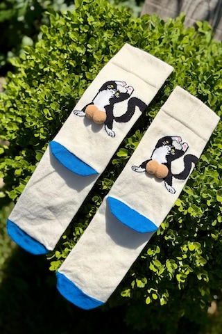 Lousocks Unisex Bej Sırtı Dönük Kedi Desenli Ponpon Soket Çorap