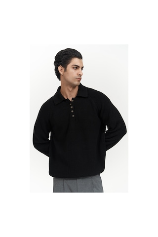 Vander Düğme Detay Siyah Erkek Triko Kazak Siyah