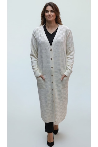 Ece Giyim Kadın Orta Yaş Ve Üzeri Önü Düğmeli Desenli Uzun Soğuk İp Spor Hırka Krem