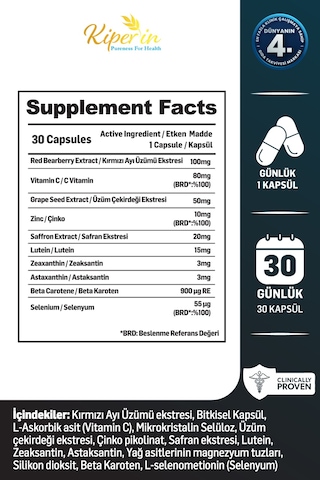 Kiperin Vision Göz & Net Görüş Çinko, Selenyum, Astaksantin, Lutein, Safran.. 30 Günlük