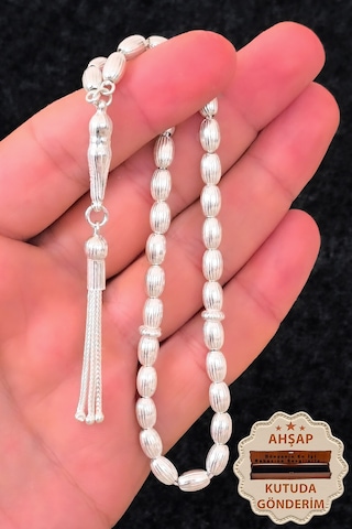 Gümüş Tesbih Erkek Çizgili Arpa Kesim Gümüş Tesbih 925 Ayar St380 Gümüş