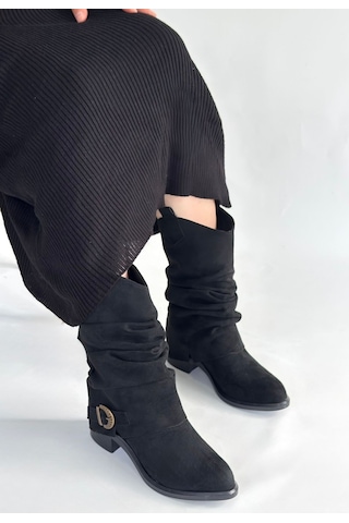 Canty Siyah Süet Körüklü Topuklu Çizme Siyah