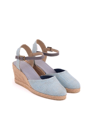 Star Tombis Gerçek Elişi Topuğu Açık Bilekten Bantlı Dolgu Topuk Keten Hasır Espadril Handmade Buz Mavi Açık Mavi