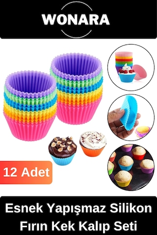 Premium Yüksek Isıya Dayanıklı Esnek Yapışmaz 12 Li Silikon Fırın Muffin Cupcake Kek Kalıp Seti