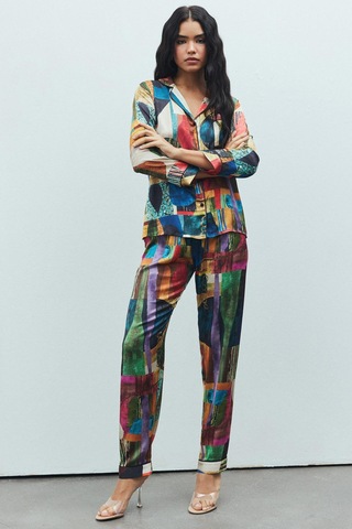 Amour Coloré Desenli Uzun Saten Pijama Takımı Desenli