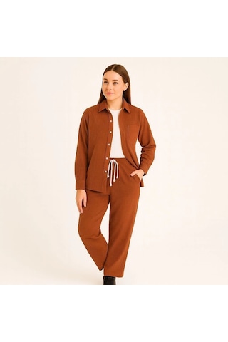 Kadın Kadife Oversize Takım Gömlek Ve Pantolon İkili Set Füme Corduroy Şıklığı, Rahat Ve Zarif Dur Kiremit