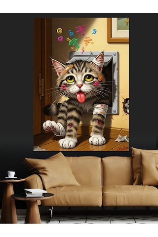 Ahşap Tablo Kapıdan Çıkan Komik Dil Çıkaran Kedi Hayvan Tabloları