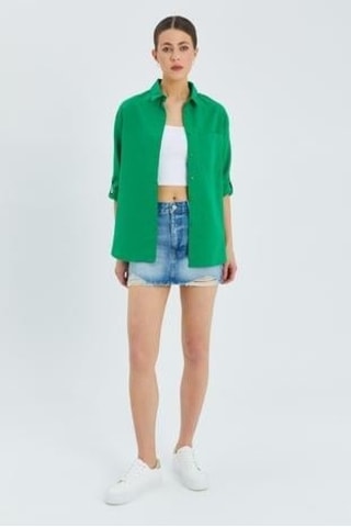 9942 Kadın Oxford Uzun Kol Basic Gömlek Yeşil Yeşil