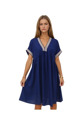 V Yaka Hasır Örgü Detaylı Kısa Viskon Elbise Lacivert