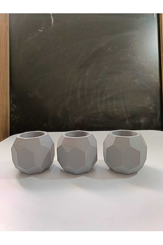 3 Lü Gri Geometrik Tasarımlı Dekoratif Mumluk Seti Modern Ve Minimal Gri