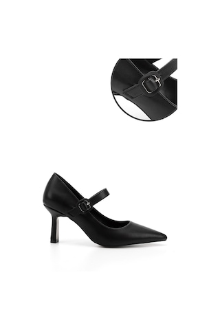 Gönderi R Siyah Sivri Burun Kadeh Ökçe Mary Jane Ayakkabı Siyah