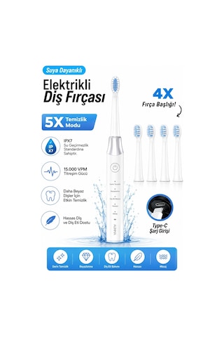 Robeve Auhma Amf13 Elektrikli Diş Fırçası 15.000 Vpm Sonic Titreşim 5 Temizlik Modu 4 Yedek Fırça Başlığı Type-c Şarj Ipx7 Suya Dayanıklı Şarjlı Diş Fırçası Beyaz