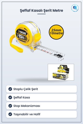 Şeffaf Kasalı Stoplu Şerit Metre 10 M 25 Mm Hırdavat Ev Tadilat M