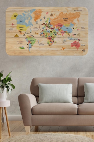 Ahşap Görünümlü Türkçe Eğitici Detaylı Atlası Dünya Haritası Duvar Sticker -60x105-3868 - Renkli Çok Renkli