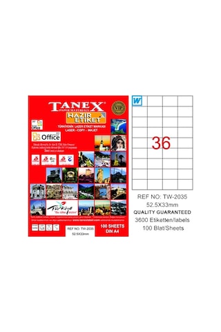 Tanex Laser Etiket 100 Yp 52.5X33 Laser-Copy-Inkjet Tw-2035 Tanex Laser Etiket 100 Yp 52.5X33 Laser-Copy-Inkjet Tw-2035
