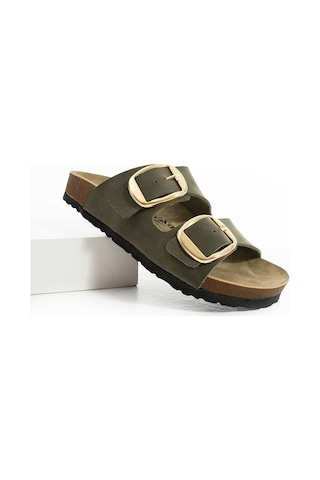 Polomia Comfort Lenora Anatomik Esnek Comfort Rahat Eva Taban Çift Bantlı Gold Toka Kadın Günlük Sandalet Terlik Haki