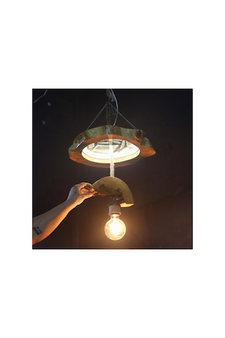 Doğal Ahşap Kütük Avize Kırık Ayna Ve Epoksi Kaplama Led Aydınlatmalı Sarkıt Lamba 40-45 Cm Kahverengi