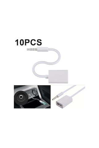 Sones 10 Adet Y-1502 14 Cm Araç Aux Ses Kablosu Usb Araç 3.5mm Adaptör Kablosu Beyaz