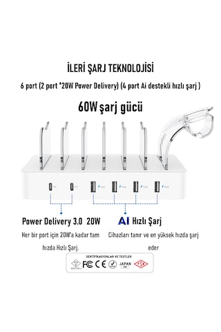 SooPii CS60 PD 3.0 60W/12A 6 Port Çoklu Şarj Cihazı Şarj İstasyonu