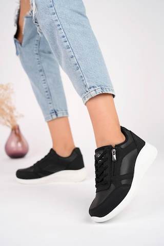 Muggo Asel Garantili Kadın Ortopedik Günlük Bağcıklı Yandan Fermuarlı Rahat Sneaker Spor Ayakkabı Siyah - Beyaz