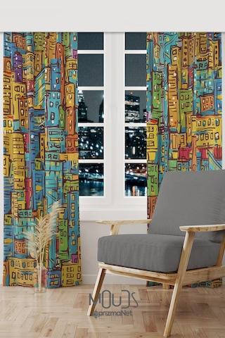 City Art Desenli Süet Oturma Odası Salon Fon Perde Baskılı Ekstrafor Büzgü 2 Kanat Prd-1092 Çok Renkli